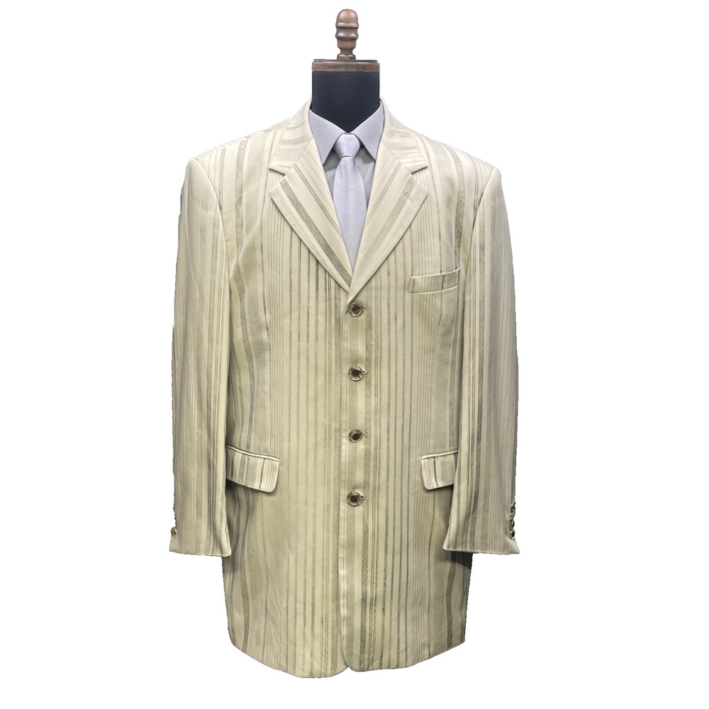 Falcone Super 100s Sport Coat Blazer 46R Beige/Gray Stripe 4 Btn Stretch Jacket